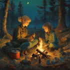 Children sitting by campfire in forest at night with red pot and cans, under moonlit sky.