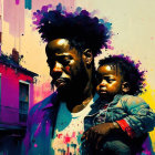 Colorful digital artwork: man with afro holding child against vibrant backdrop.