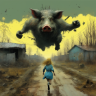 Young girl running towards giant flying boar in desolate setting