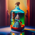 Young girl in dress inside glass bottle amid surreal colorful scene with carousel