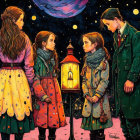 Illustration of family in vintage attire with lantern under starry night sky