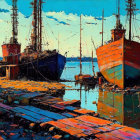 Vibrant sunset painting of docked ships with masts reflected in water