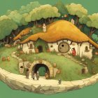 Illustrated round hobbit-style house with green door in lush greenery landscape.