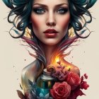 Colorful surreal portrait of woman with flowing smoke, flowers, dramatic makeup, and blue horns