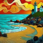 Vividly Colored Lighthouse Scene with Surreal Landscape and Fiery Sky