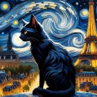 Stylized black cat under Van Gogh-inspired starry Paris night sky