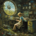 Woman reading in whimsical room with vintage clocks and round window