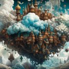 Ornate floating city with hot air balloons in the sky