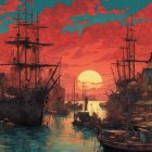 Vibrant sunset harbor scene with silhouetted ships and buildings against fiery sky.