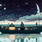 Surreal scene: Two people on boat-house under starry sky