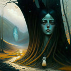 Surreal illustration of girl with long hair in mystical forest