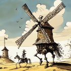 Post-apocalyptic desert landscape with moving windmill structures and a person on horseback.