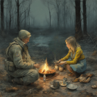 Campfire cooking scene in misty forest at dusk