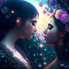 Ethereal women in ornate attire with floral adornments under starry sky