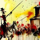 Stylized illustration of Don Quixote on horseback tilting at a windmill