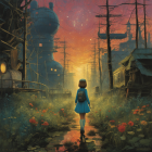 Girl in Blue Dress and Backpack in Flower-Filled Forest with Fantastical Twilight Skyline