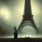 Silhouettes and hazy glow around the Eiffel Tower scene