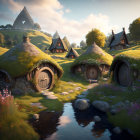 Quaint fantasy village with round-doored cottages amid lush greenery