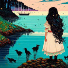 Illustration of girl in dress at sunset by tranquil lake