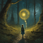 Child at Forest Path Facing Glowing Portal