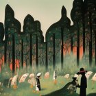 Spooky forest illustration with figure by tombstones & orange glow