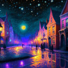 Colorful night scene with cobblestone streets, lanterns, and silhouetted figures.