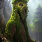 Ancient tree-like creature with moss and foliage, deep-set eyes, and mossy beard