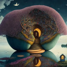 Fantasy landscape with tree library on floating islands under multiple moons