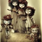 Four eerie dolls with skull-like faces in vintage dresses against an antiquated backdrop