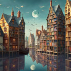 European-style fantasy cityscape with gondola, birds, and large moon reflected in water