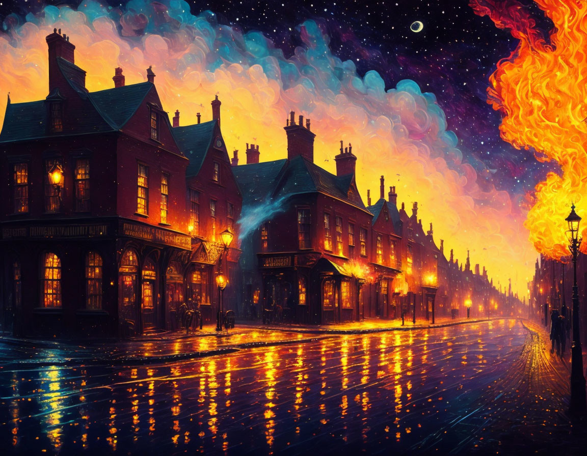 Night street scene with wet cobblestones, traditional houses, and fiery phoenix in starry sky.