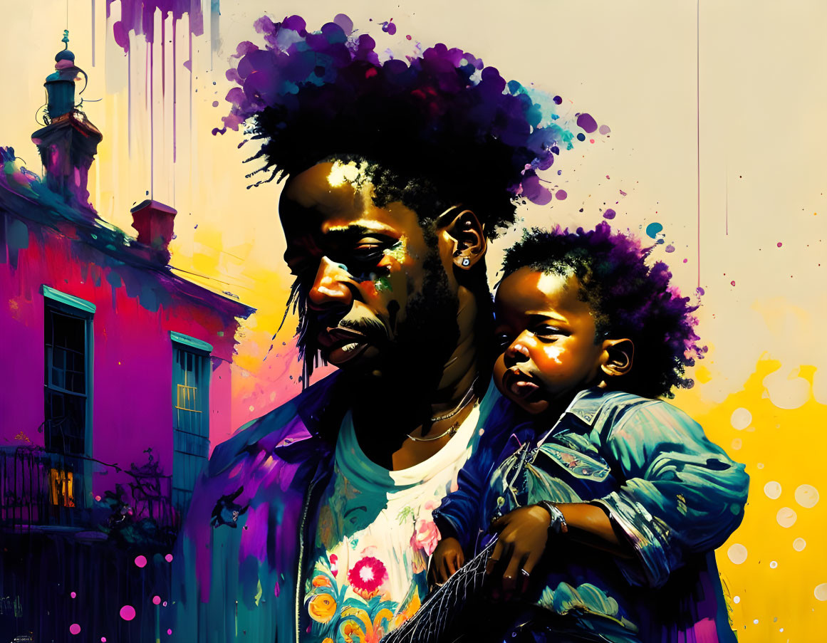 Colorful digital artwork: man with afro holding child against vibrant backdrop.