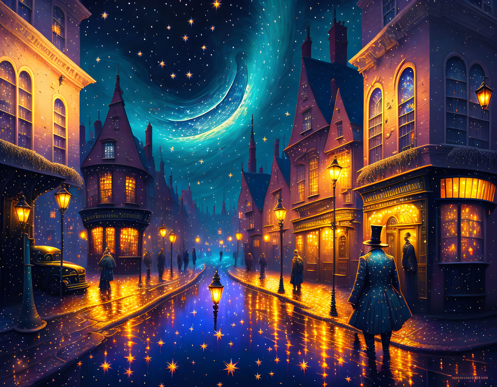 Vintage town night scene with glowing lanterns, falling stars, and swirling starry sky.