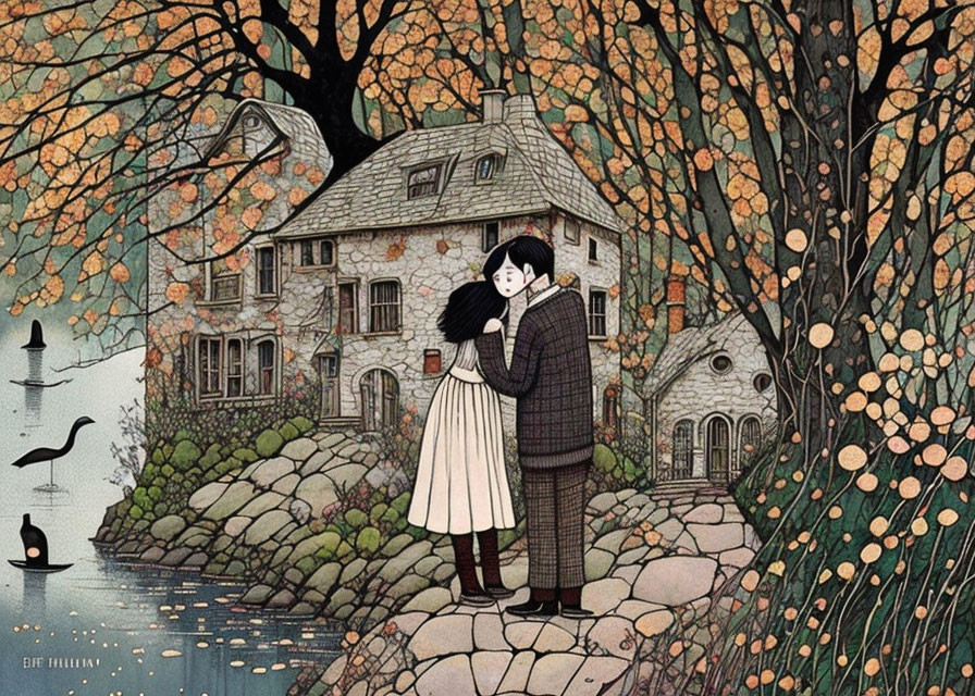 Romantic embrace by quaint autumnal house with pond and ducks