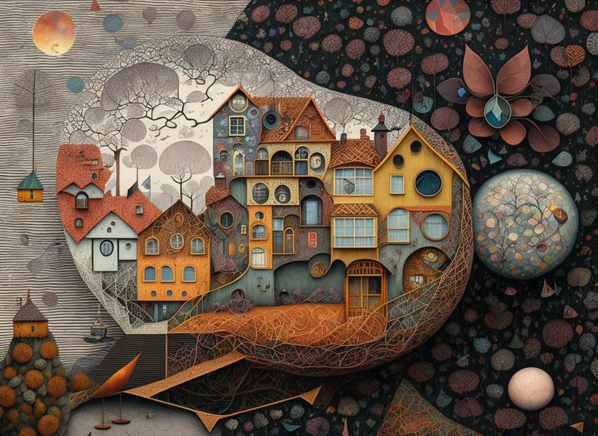 Fantastical village illustration with quirky tree-like houses and celestial elements