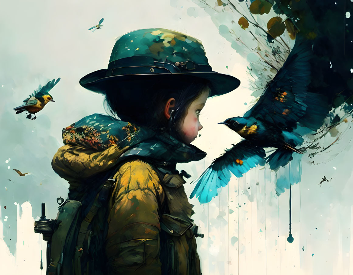 Child in hat and coat watches vibrant blue-black bird in whimsical scene