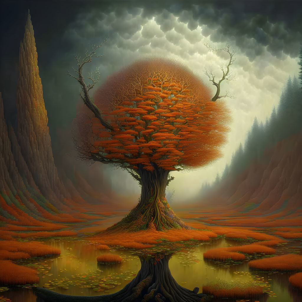 Surreal landscape with majestic glowing tree and towering cliffs