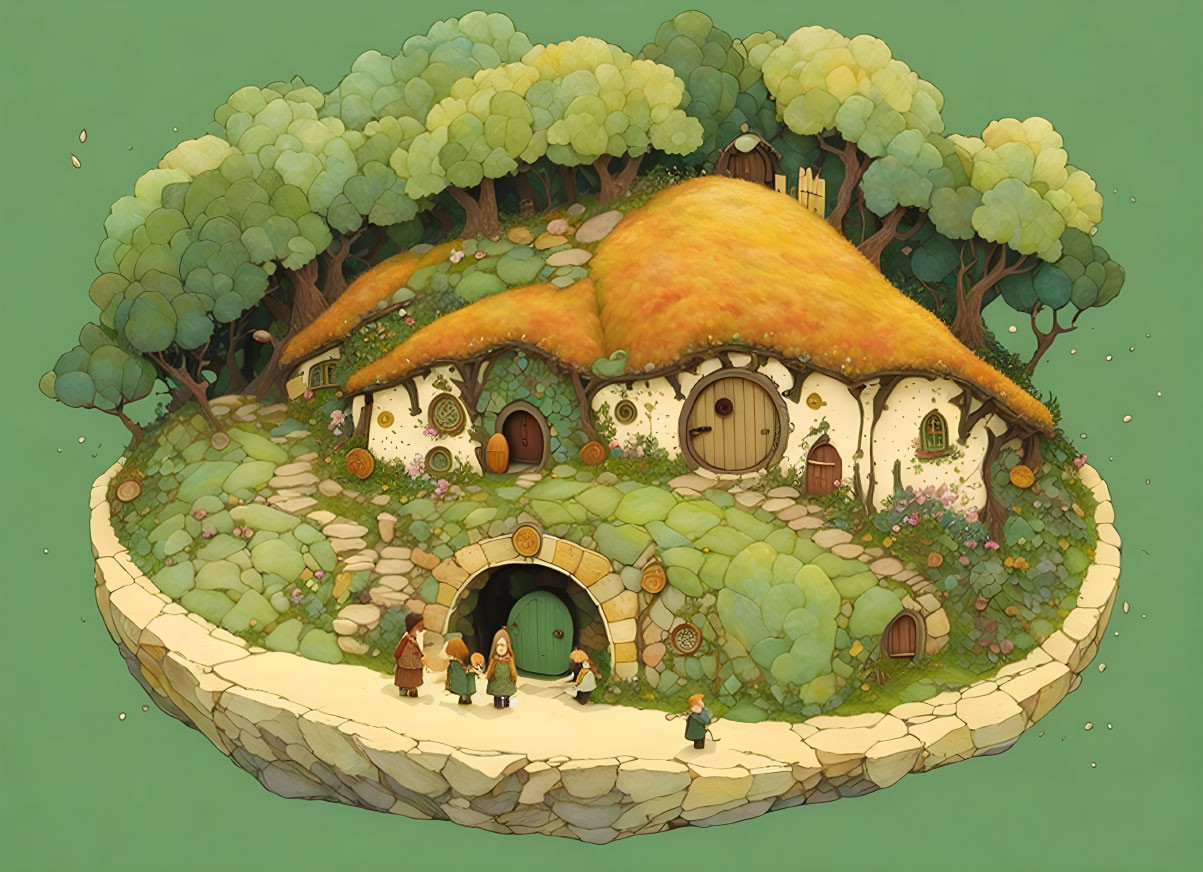 Illustrated round hobbit-style house with green door in lush greenery landscape.