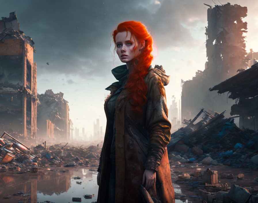 Vivid image: Woman with fiery red hair in ruined cityscape