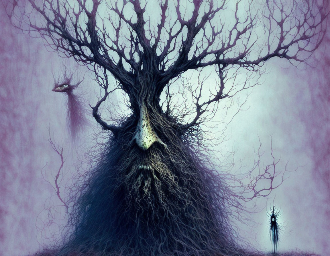 Mystical tree with face and sparse branches in purple haze