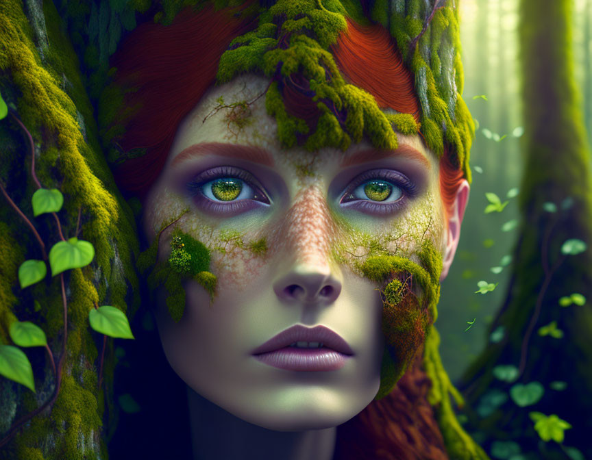 Vibrant red hair, mossy skin, multicolored eyes in lush forest