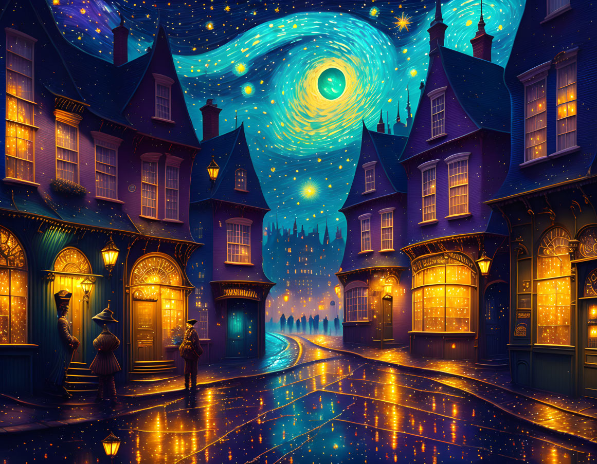 Starry night streetscape with glowing lamps and people under luminous sky