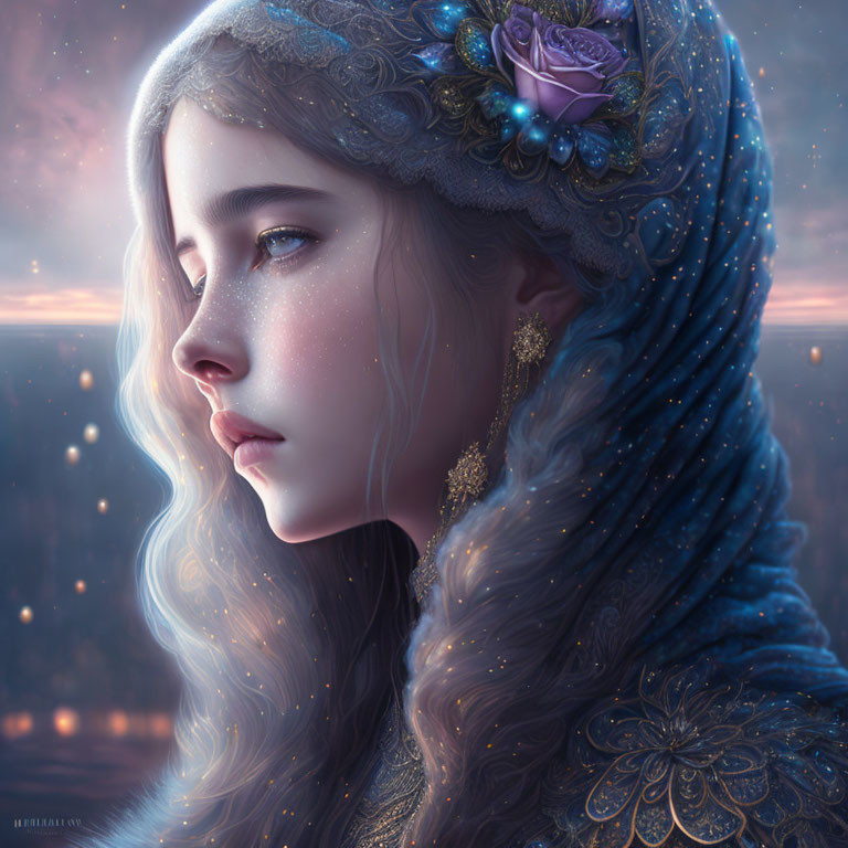 Digital artwork: Woman in blue hood with gold accents and purple flower, mysterious gaze, twilight backdrop.