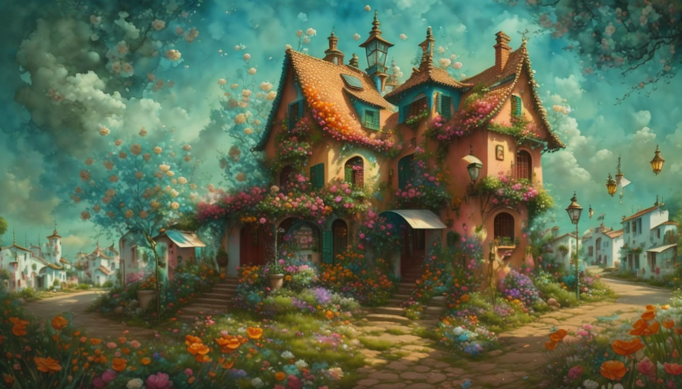 Whimsical cottage with flowering vines in lush garden under cloud-dappled sky