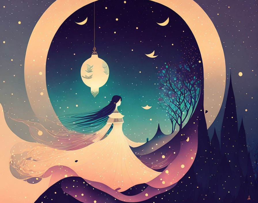 Colorful illustration: Woman in flowing dress under crescent moon