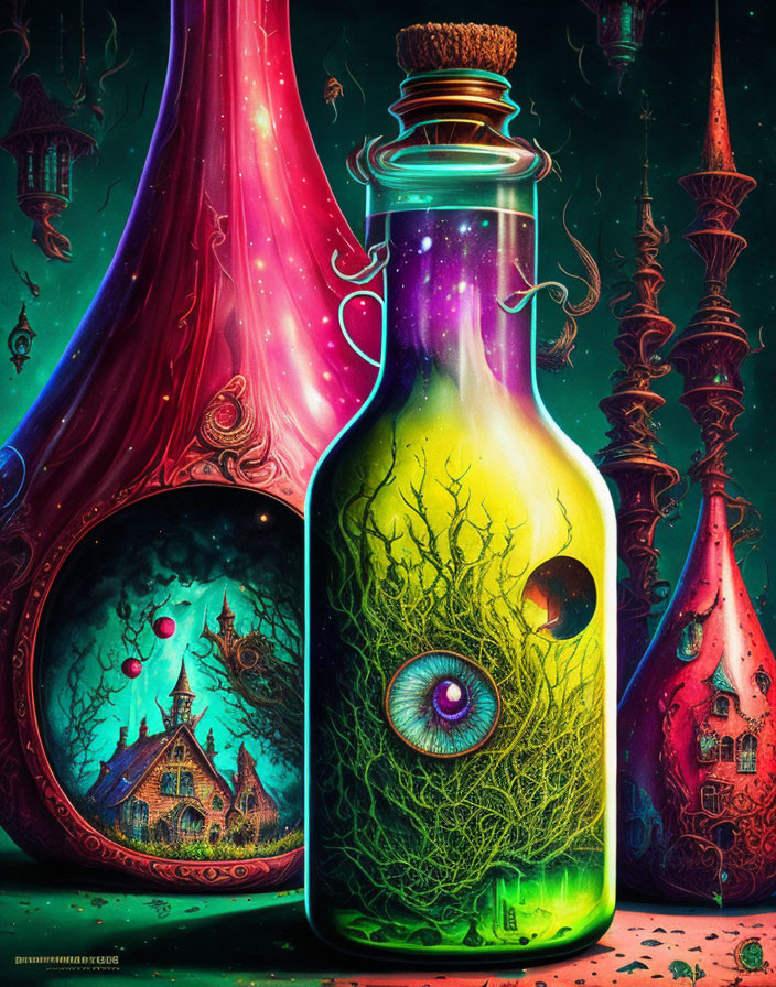 Colorful illustration of bottle with tree, eye, whimsical towers, starry sky