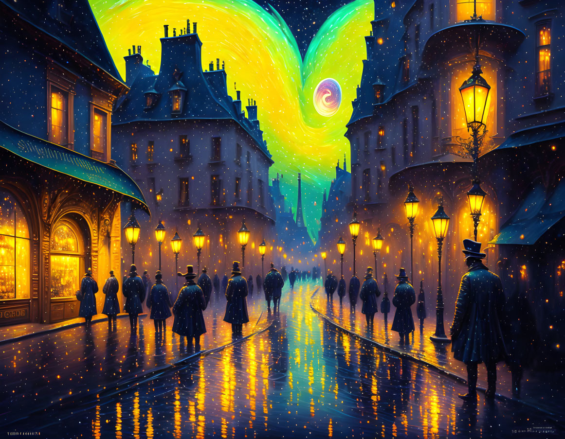 Illustration of people with umbrellas on rain-slicked street under green aurora.