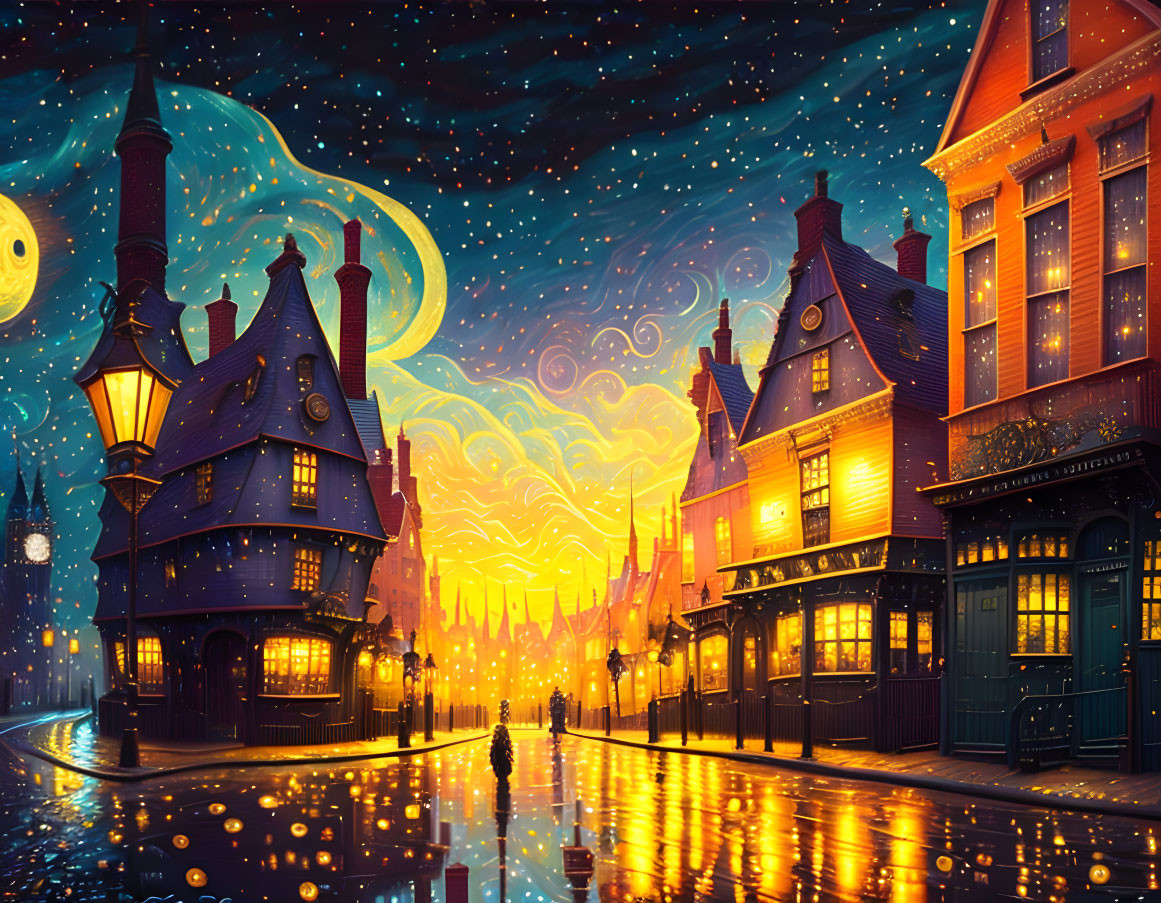 Glowing twilight cityscape with whimsical architecture and lone figure