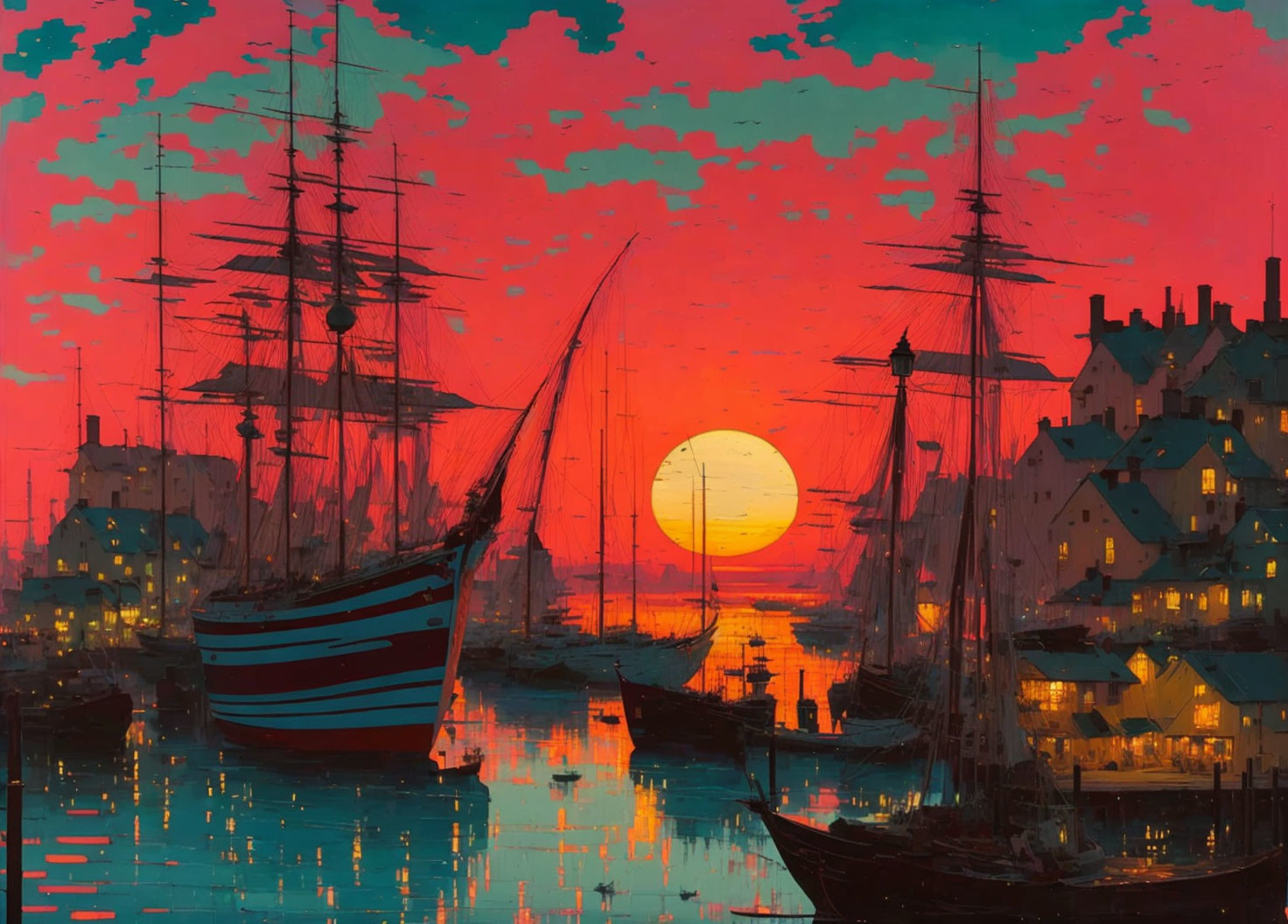 Vibrant sunset harbor scene with silhouetted ships and buildings against fiery sky.