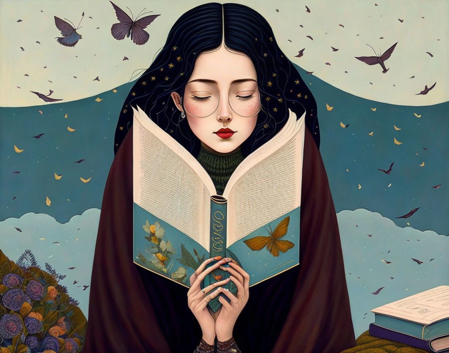 Illustration of woman with black hair reading book among butterflies and foliage